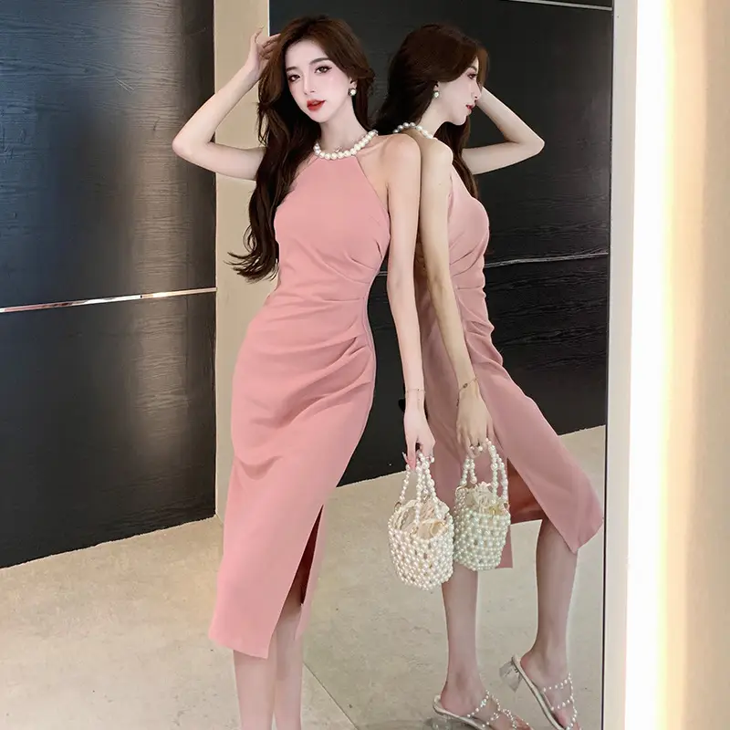 French Neck Slip Skirt Dress Pink Slim Fit Elegant Split Hip