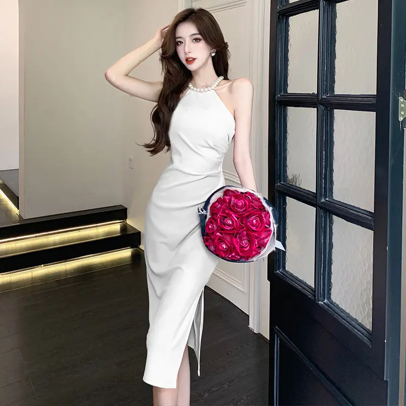 French Neck Slip Skirt Dress Pink Slim Fit Elegant Split Hip