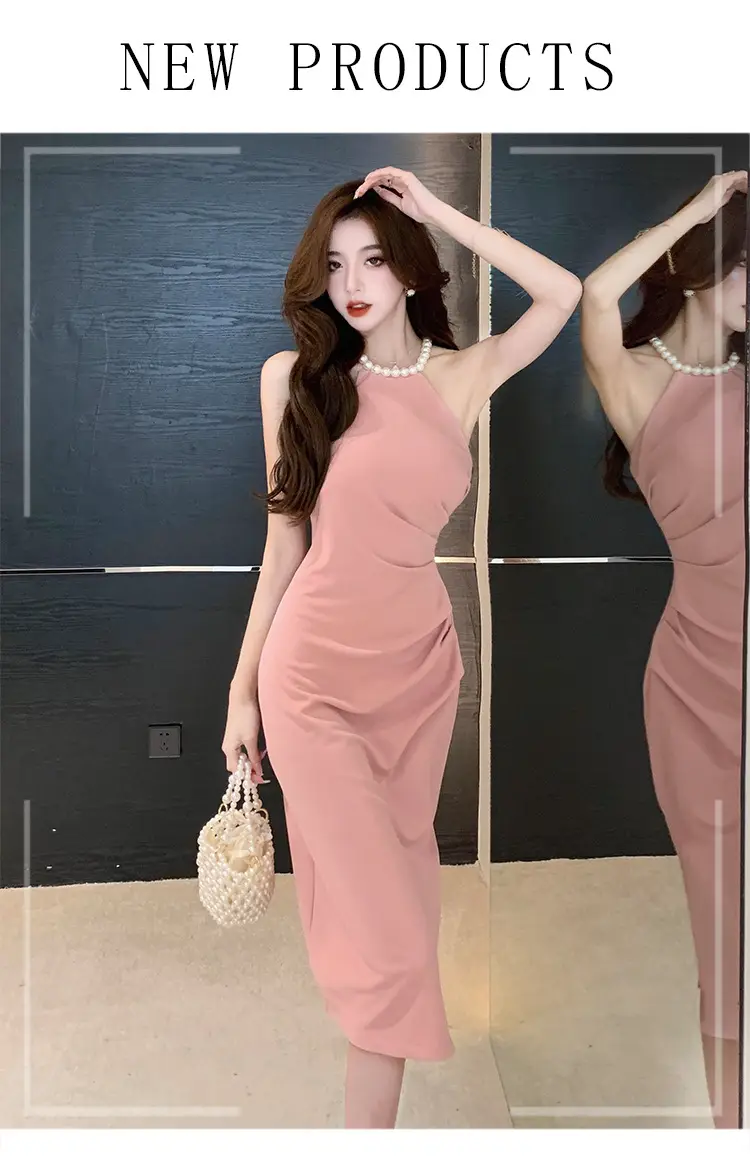 French Neck Slip Skirt Dress Pink Slim Fit Elegant Split Hip — feature 1
