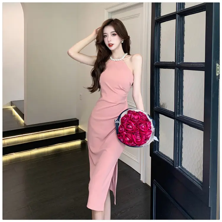 French Neck Slip Skirt Dress Pink Slim Fit Elegant Split Hip — feature 10