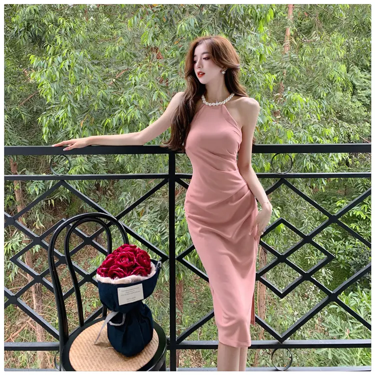 French Neck Slip Skirt Dress Pink Slim Fit Elegant Split Hip — feature 11