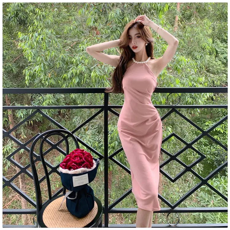 French Neck Slip Skirt Dress Pink Slim Fit Elegant Split Hip — feature 12