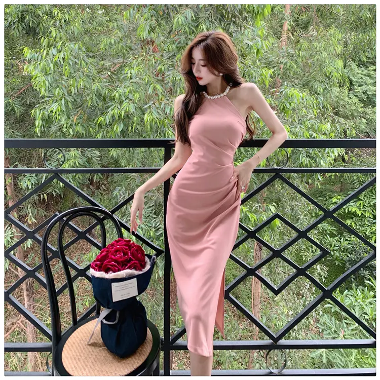French Neck Slip Skirt Dress Pink Slim Fit Elegant Split Hip — feature 13