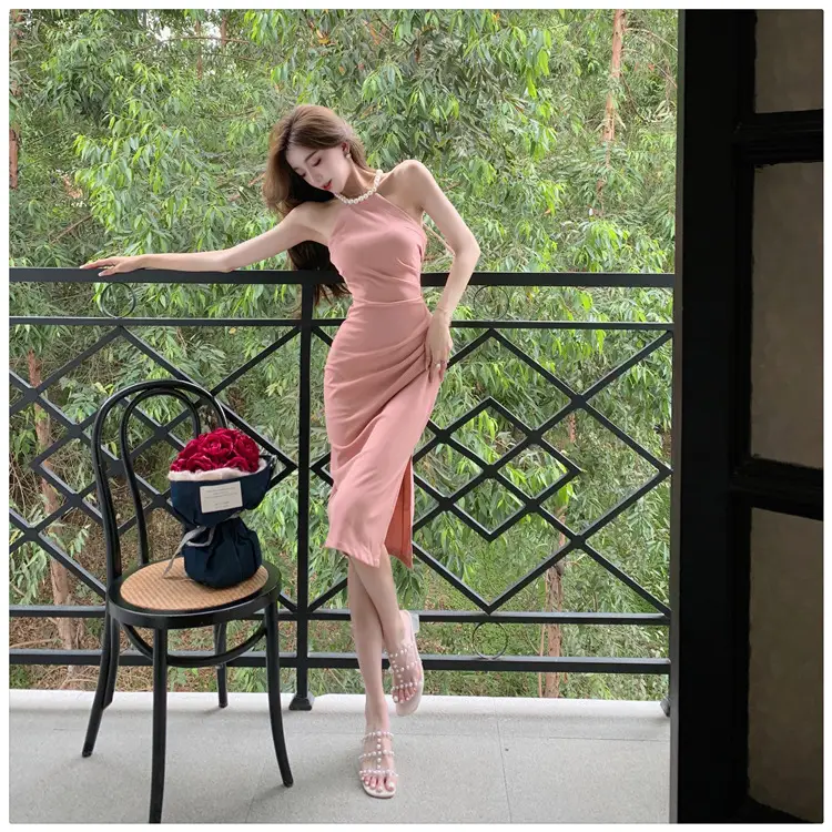 French Neck Slip Skirt Dress Pink Slim Fit Elegant Split Hip — feature 14