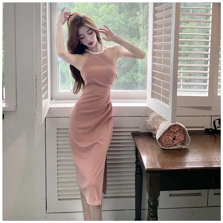 French Neck Slip Skirt Dress Pink Slim Fit Elegant Split Hip — feature 16