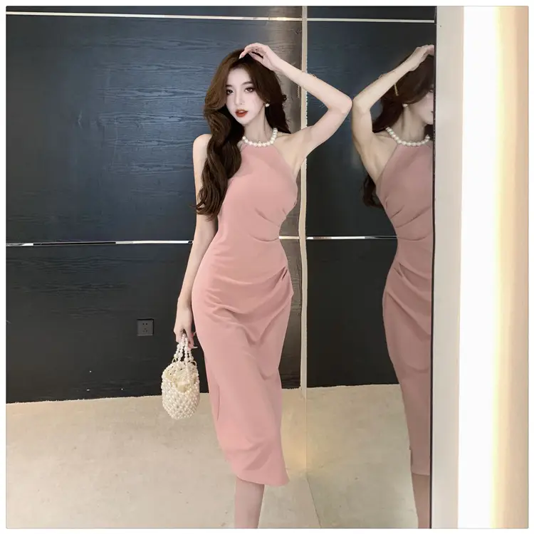 French Neck Slip Skirt Dress Pink Slim Fit Elegant Split Hip — feature 17