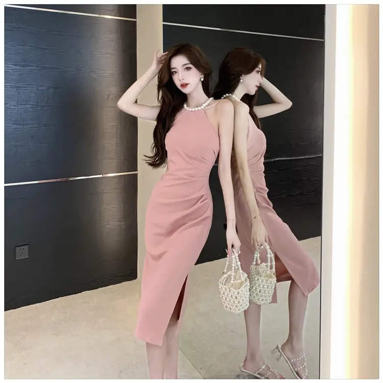 French Neck Slip Skirt Dress Pink Slim Fit Elegant Split Hip — feature 18