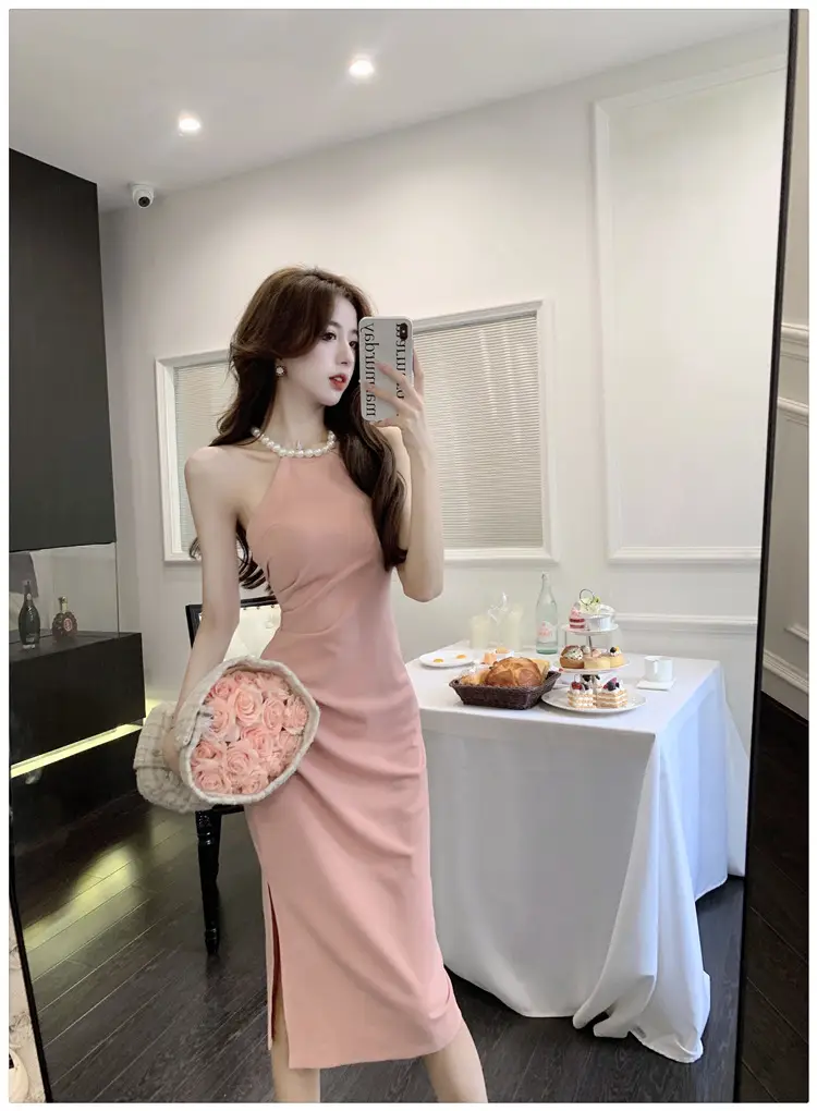 French Neck Slip Skirt Dress Pink Slim Fit Elegant Split Hip — feature 19