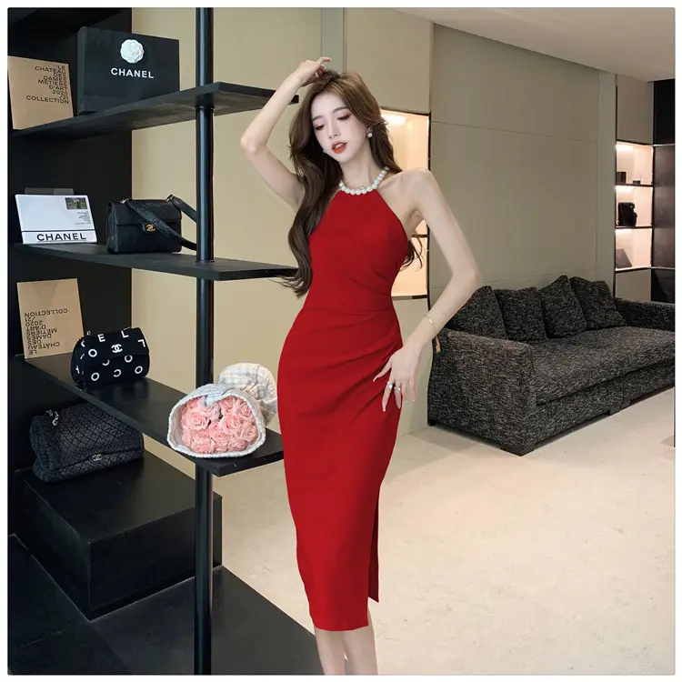 French Neck Slip Skirt Dress Pink Slim Fit Elegant Split Hip — feature 20