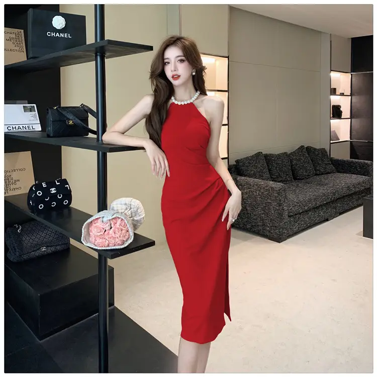 French Neck Slip Skirt Dress Pink Slim Fit Elegant Split Hip — feature 21