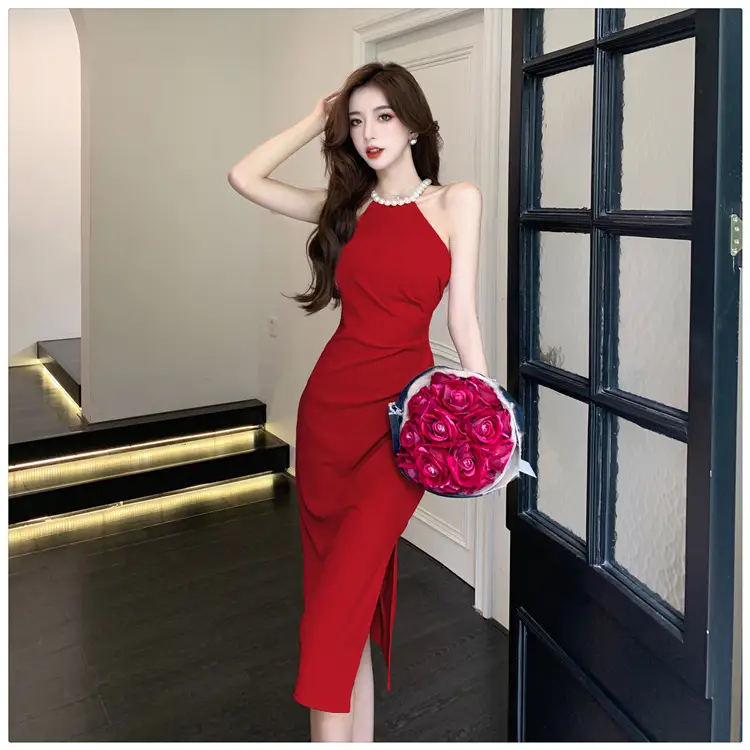 French Neck Slip Skirt Dress Pink Slim Fit Elegant Split Hip — feature 22
