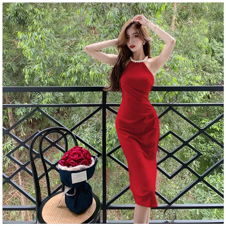 French Neck Slip Skirt Dress Pink Slim Fit Elegant Split Hip — feature 23