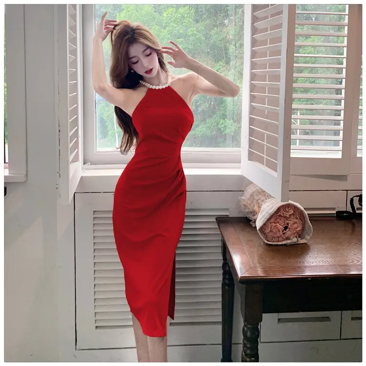 French Neck Slip Skirt Dress Pink Slim Fit Elegant Split Hip — feature 24