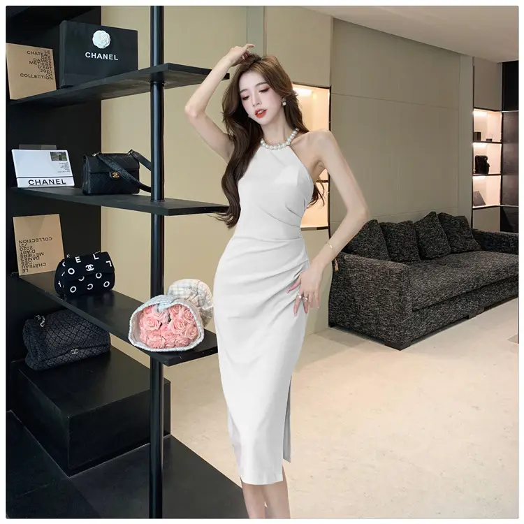 French Neck Slip Skirt Dress Pink Slim Fit Elegant Split Hip — feature 25