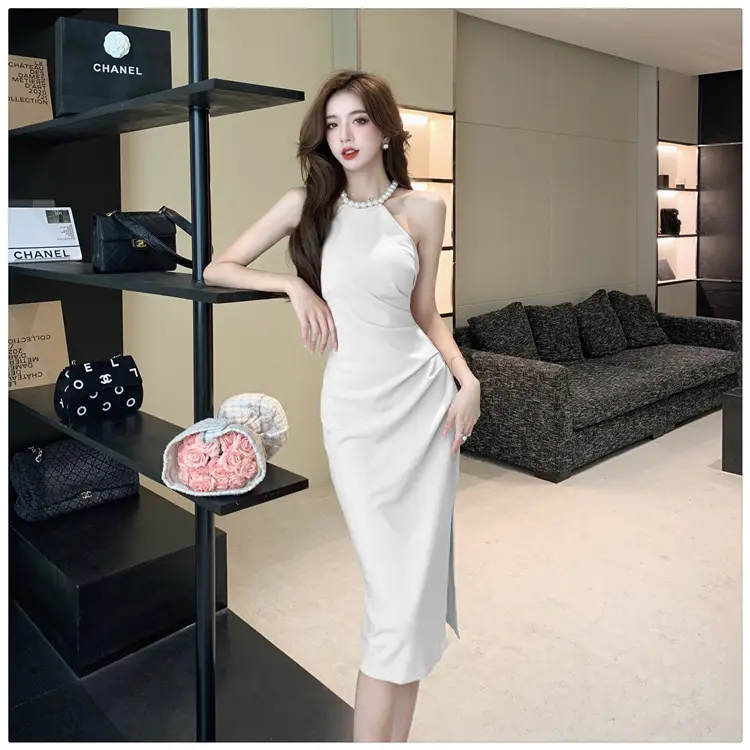 French Neck Slip Skirt Dress Pink Slim Fit Elegant Split Hip — feature 26