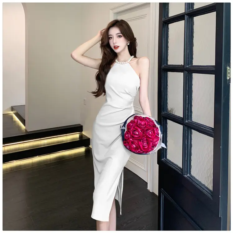 French Neck Slip Skirt Dress Pink Slim Fit Elegant Split Hip — feature 27