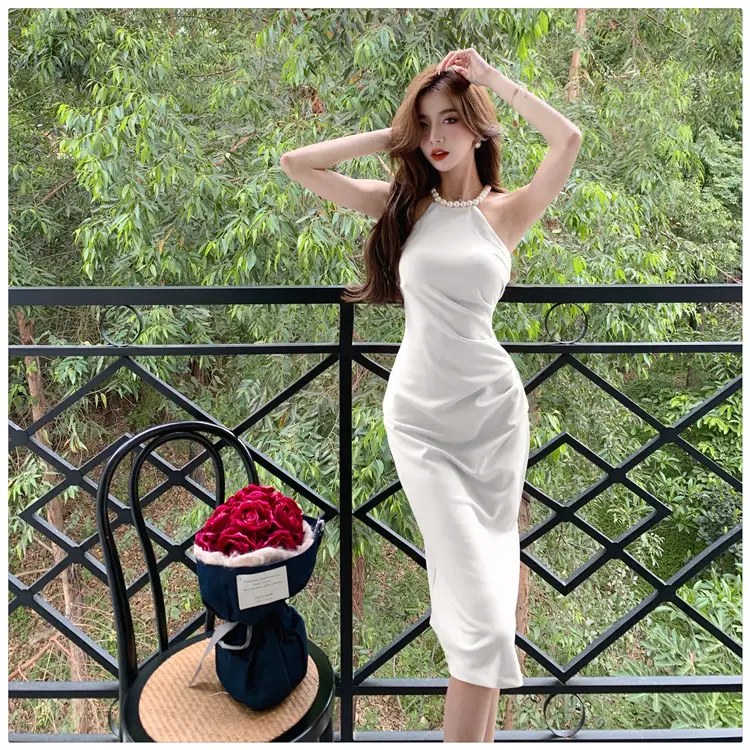 French Neck Slip Skirt Dress Pink Slim Fit Elegant Split Hip — feature 28