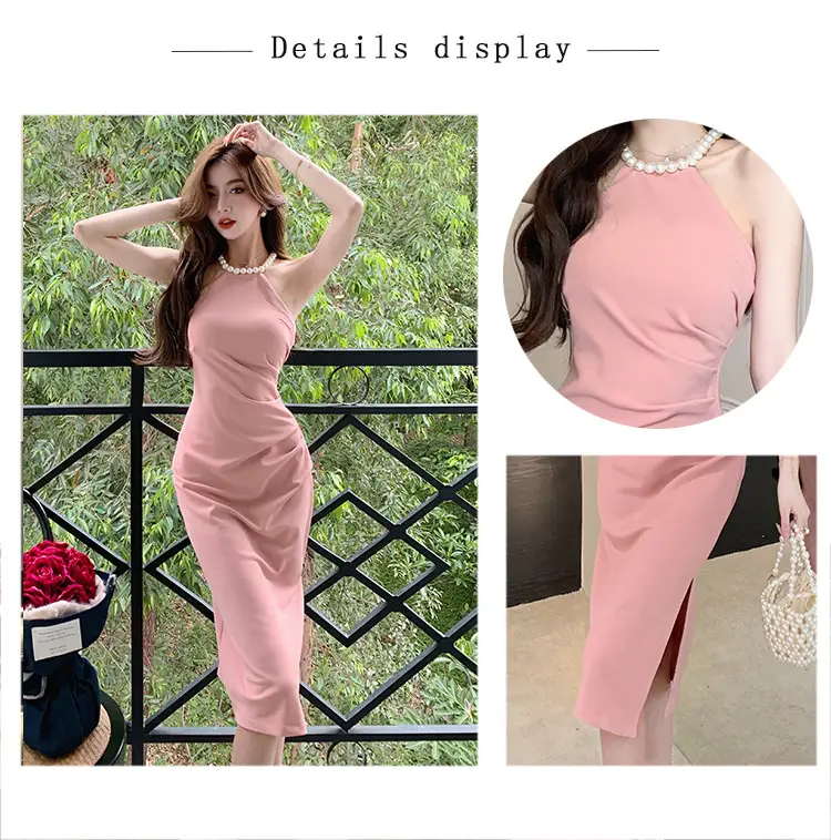 French Neck Slip Skirt Dress Pink Slim Fit Elegant Split Hip — feature 3