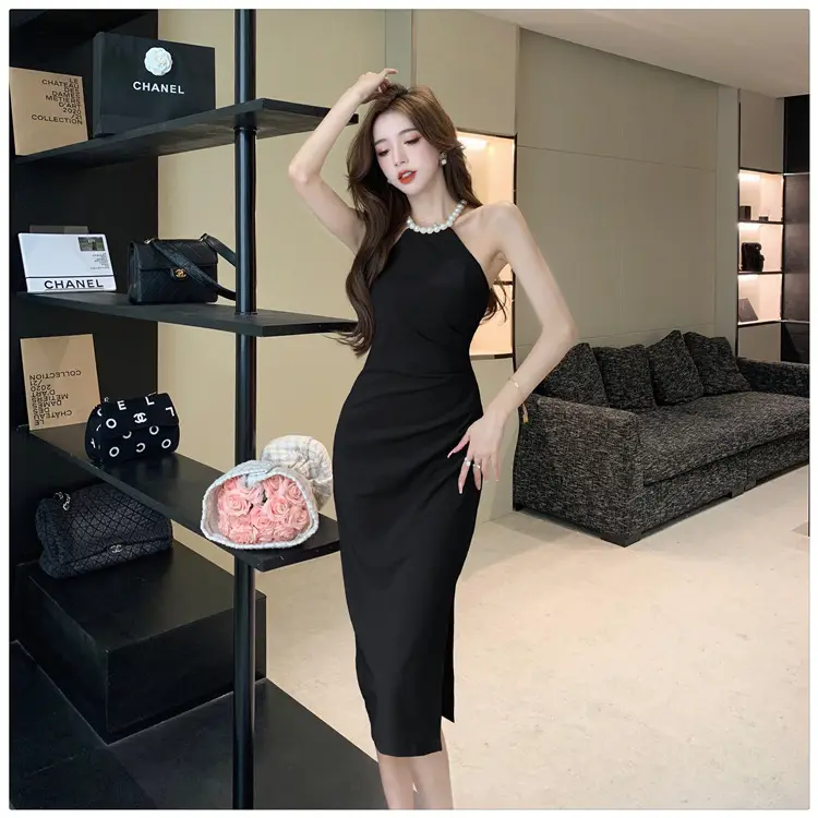 French Neck Slip Skirt Dress Pink Slim Fit Elegant Split Hip — feature 30