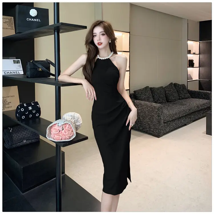 French Neck Slip Skirt Dress Pink Slim Fit Elegant Split Hip — feature 31