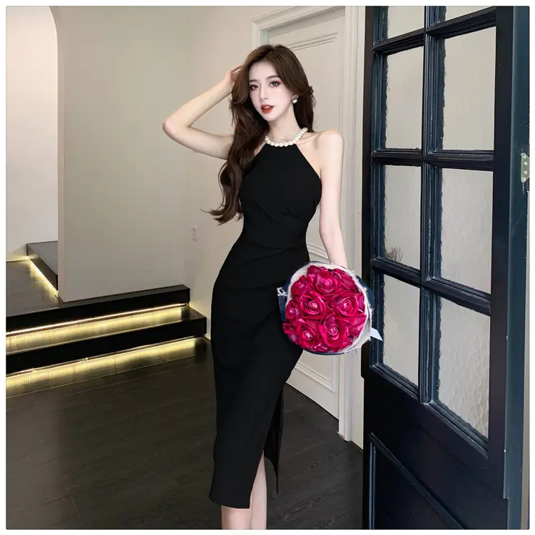 French Neck Slip Skirt Dress Pink Slim Fit Elegant Split Hip — feature 32