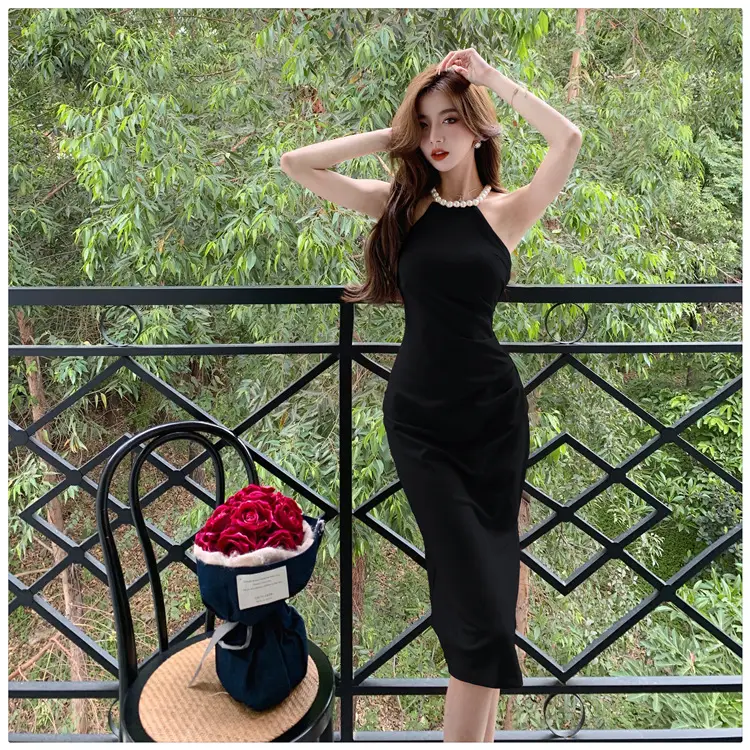 French Neck Slip Skirt Dress Pink Slim Fit Elegant Split Hip — feature 33