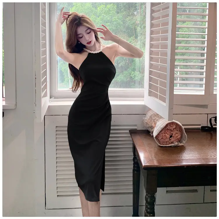 French Neck Slip Skirt Dress Pink Slim Fit Elegant Split Hip — feature 35