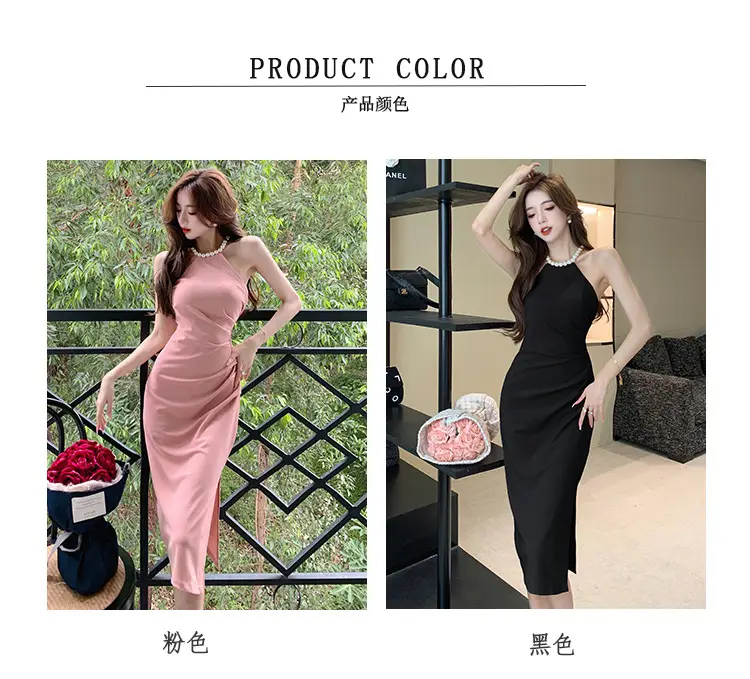 French Neck Slip Skirt Dress Pink Slim Fit Elegant Split Hip — feature 5
