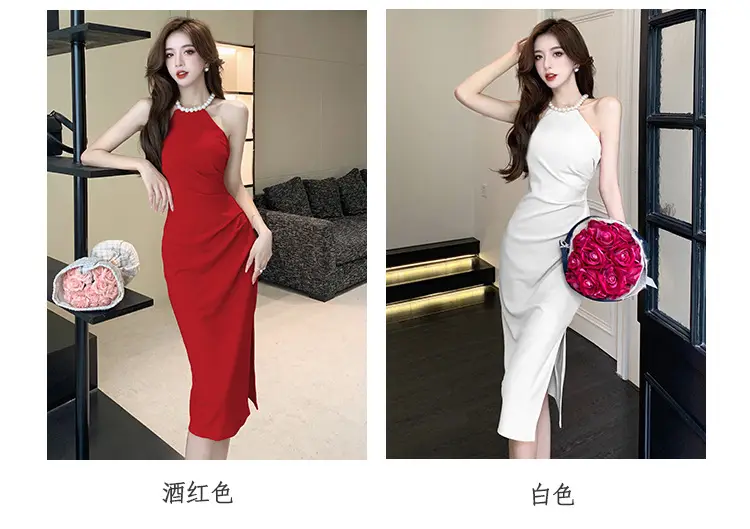 French Neck Slip Skirt Dress Pink Slim Fit Elegant Split Hip — feature 6