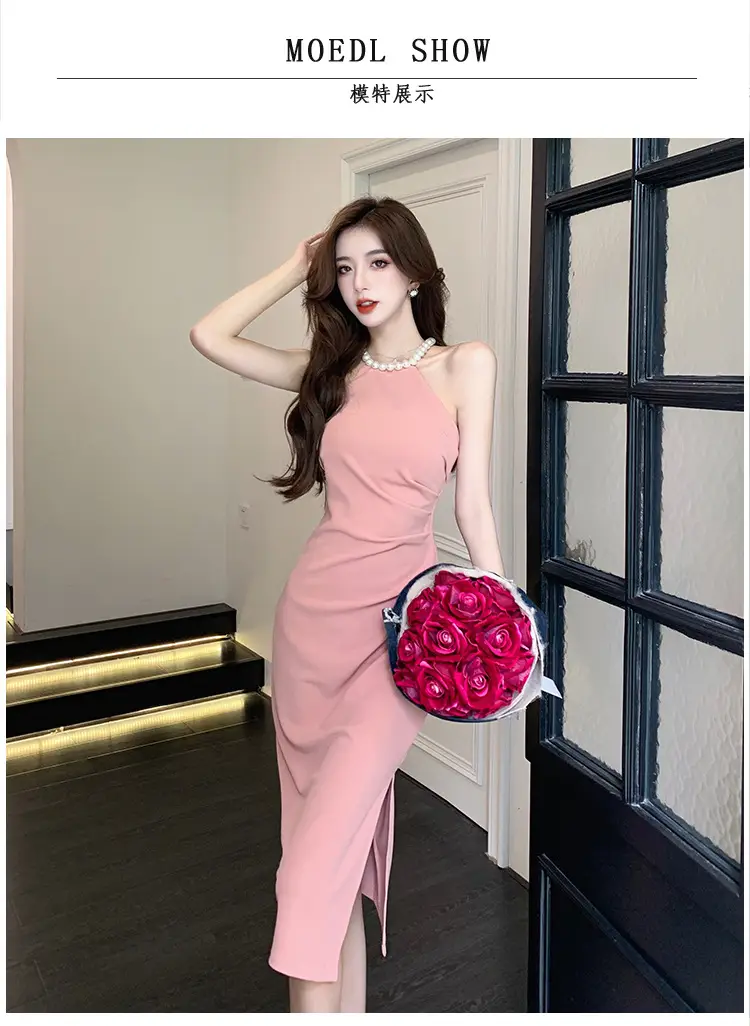 French Neck Slip Skirt Dress Pink Slim Fit Elegant Split Hip — feature 7