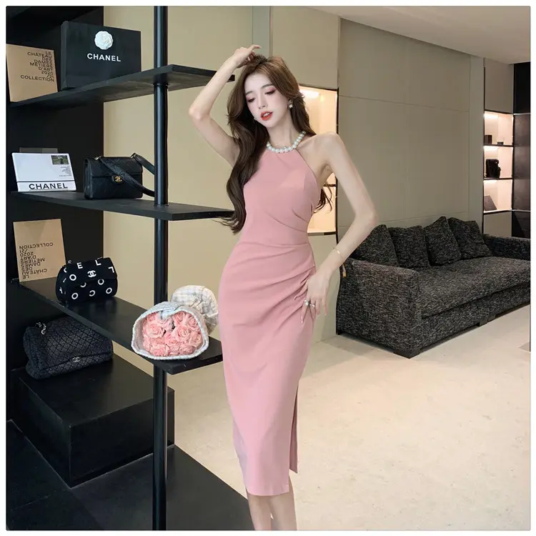 French Neck Slip Skirt Dress Pink Slim Fit Elegant Split Hip — feature 8
