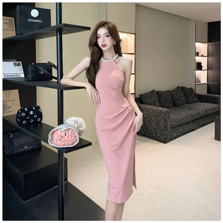 French Neck Slip Skirt Dress Pink Slim Fit Elegant Split Hip — feature 9
