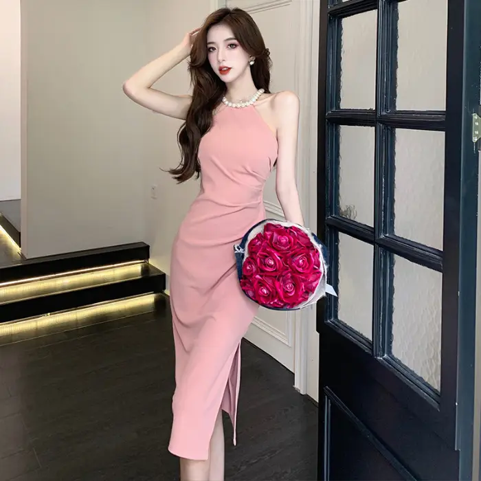 French Neck Slip Skirt Dress Pink Slim Fit Elegant Split Hip