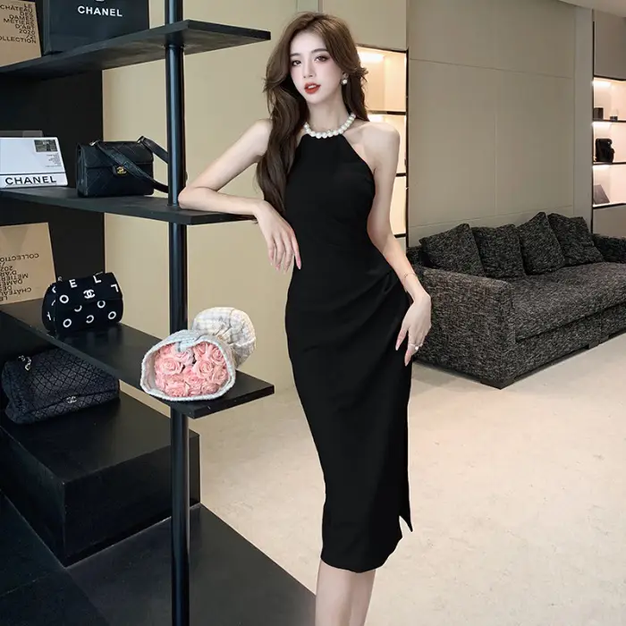 French Neck Slip Skirt Dress Pink Slim Fit Elegant Split Hip