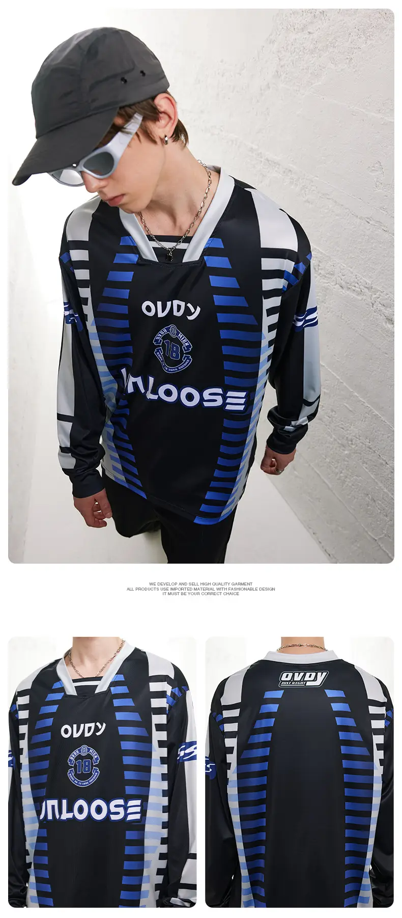Ovdy Racing Long Sleeve Long T-Shirt Black Blue — feature 12