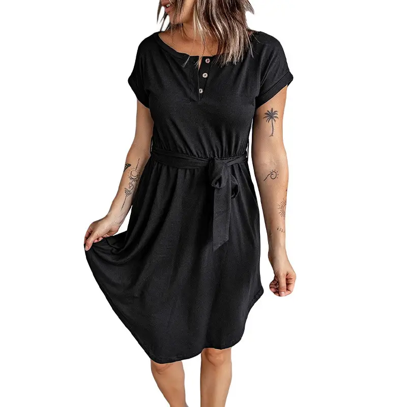 Purple Button Belt Waist Summer Dress for Women