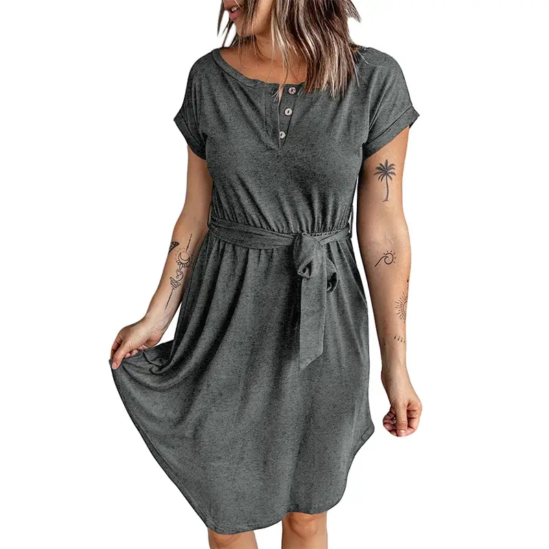 Purple Button Belt Waist Summer Dress for Women