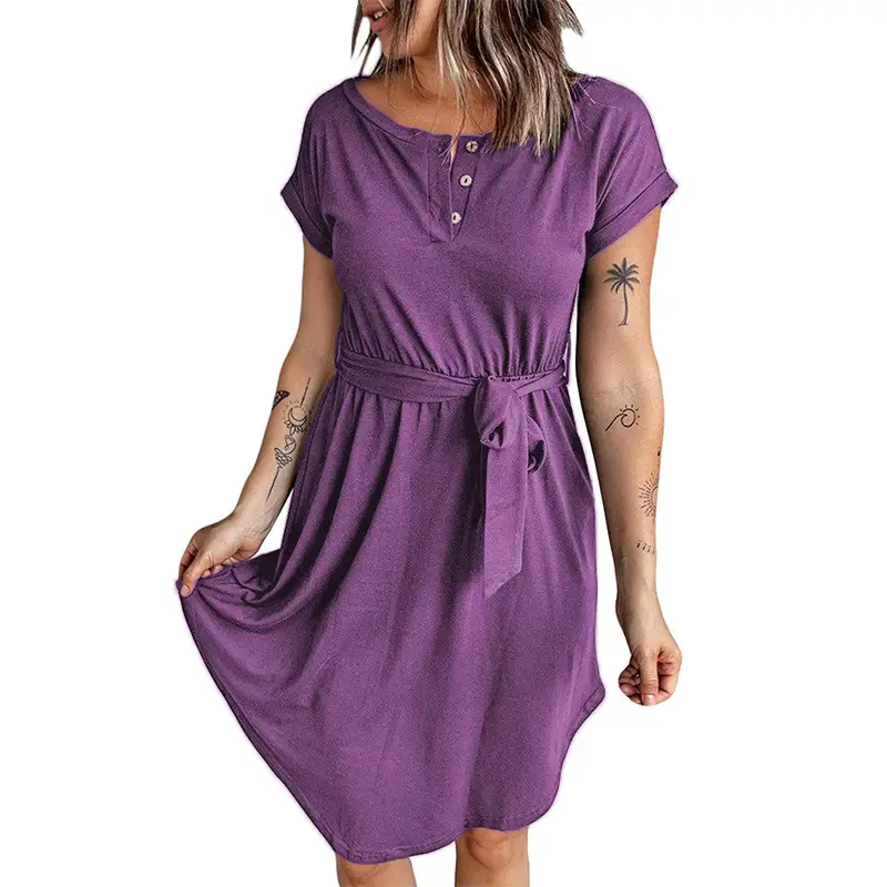 Purple Button Belt Waist Summer Dress for Women