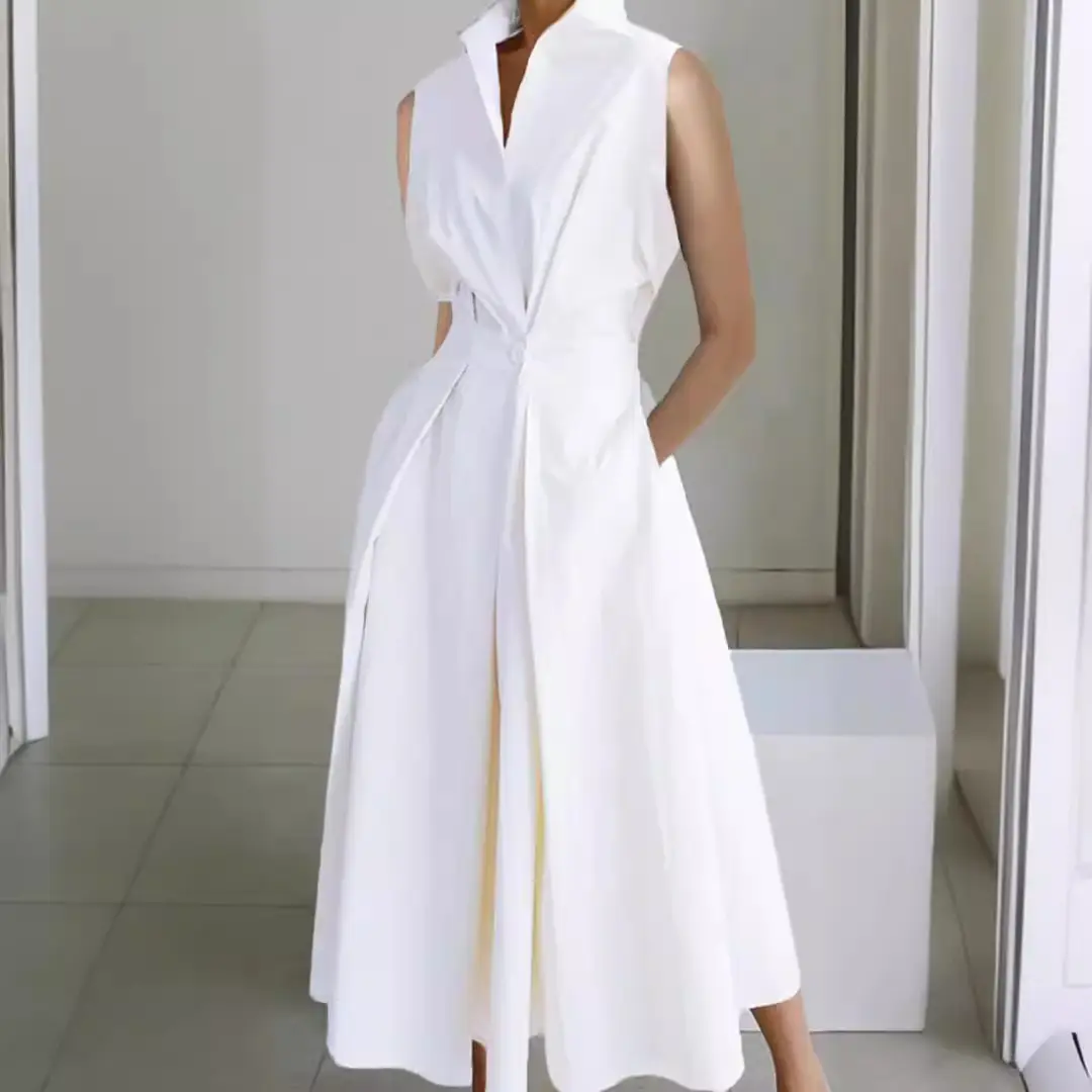Women's V-Neck Button Fishtail Dress 2024 Summer - Image 9