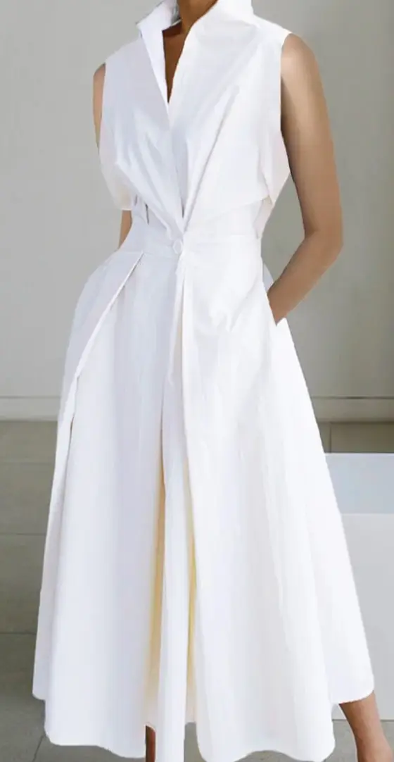 Women's V-Neck Button Fishtail Dress 2024 Summer - Image 3