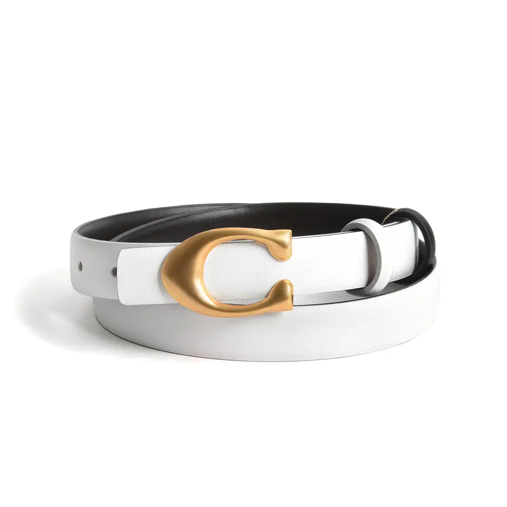 Black Leather Belt with Gold Button for Women