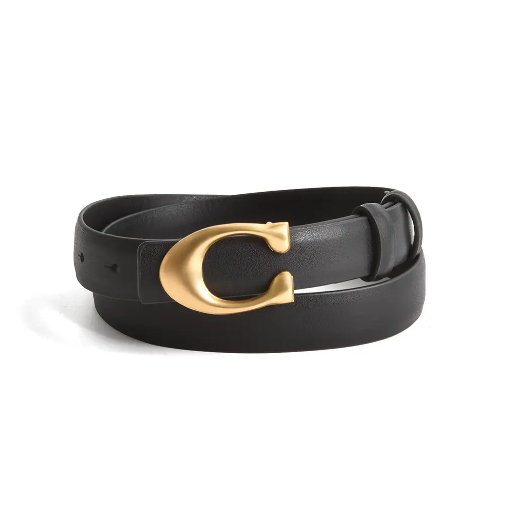 Black Leather Belt with Gold Button for Women