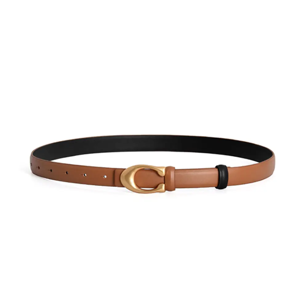 Black Leather Belt with Gold Button for Women