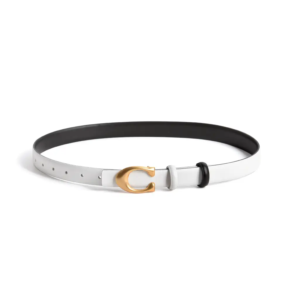Black Leather Belt with Gold Button for Women