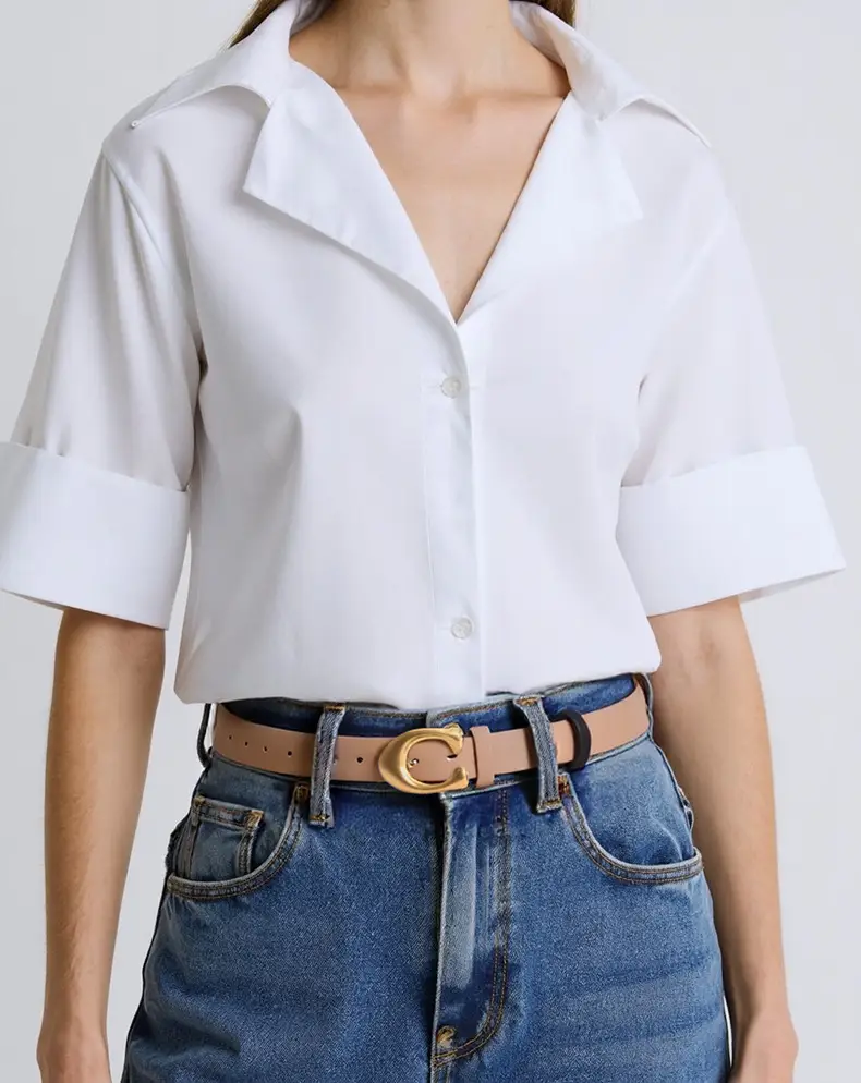 Black Leather Belt with Gold Button for Women — feature 1