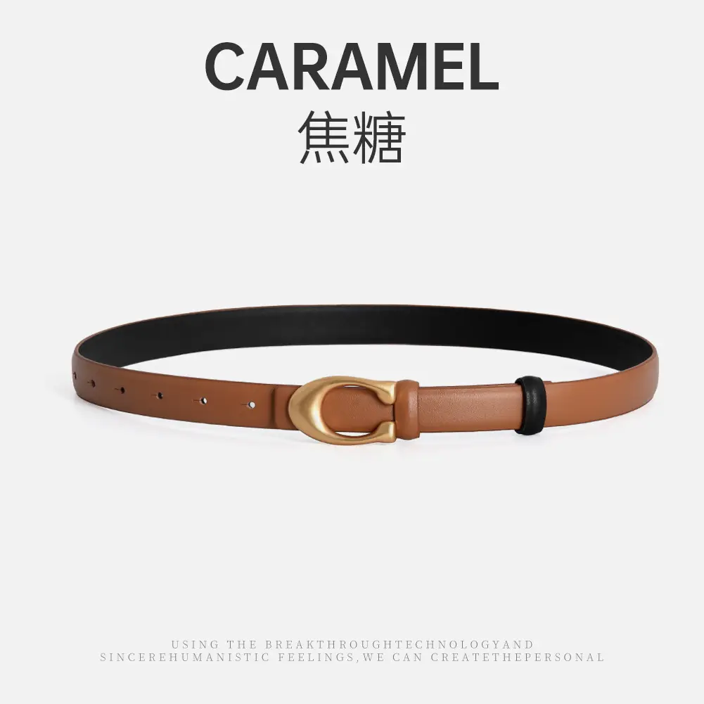 Black Leather Belt with Gold Button for Women