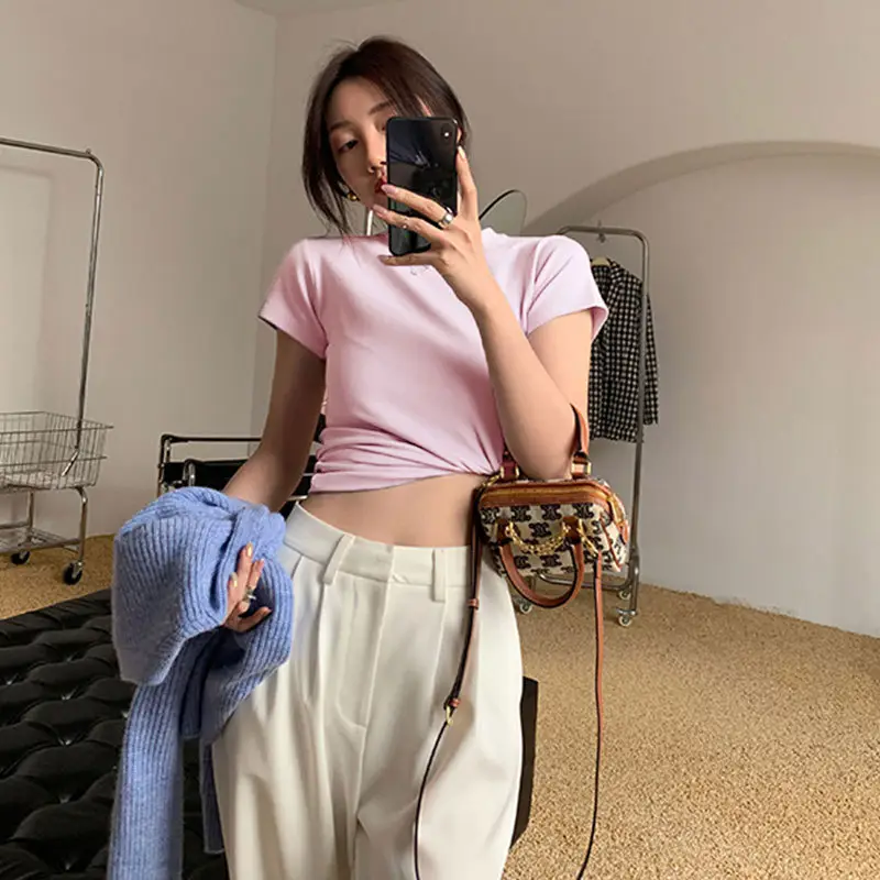 Women's Pink Cotton Crewneck T-Shirt Slim Fit - Image 18
