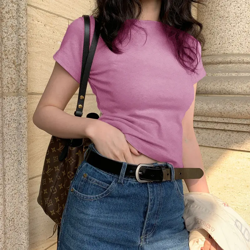 Women's Pink Cotton Crewneck T-Shirt Slim Fit - Image 24