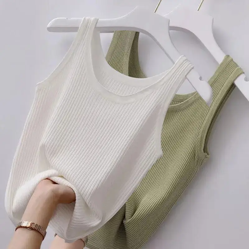 Women Sleeveless Camisole Green Knitted Slim Fit — feature 3