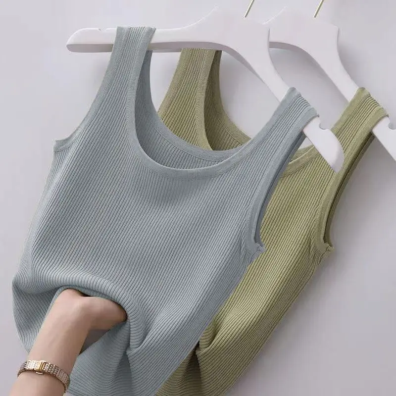 Women Sleeveless Camisole Green Knitted Slim Fit — feature 7